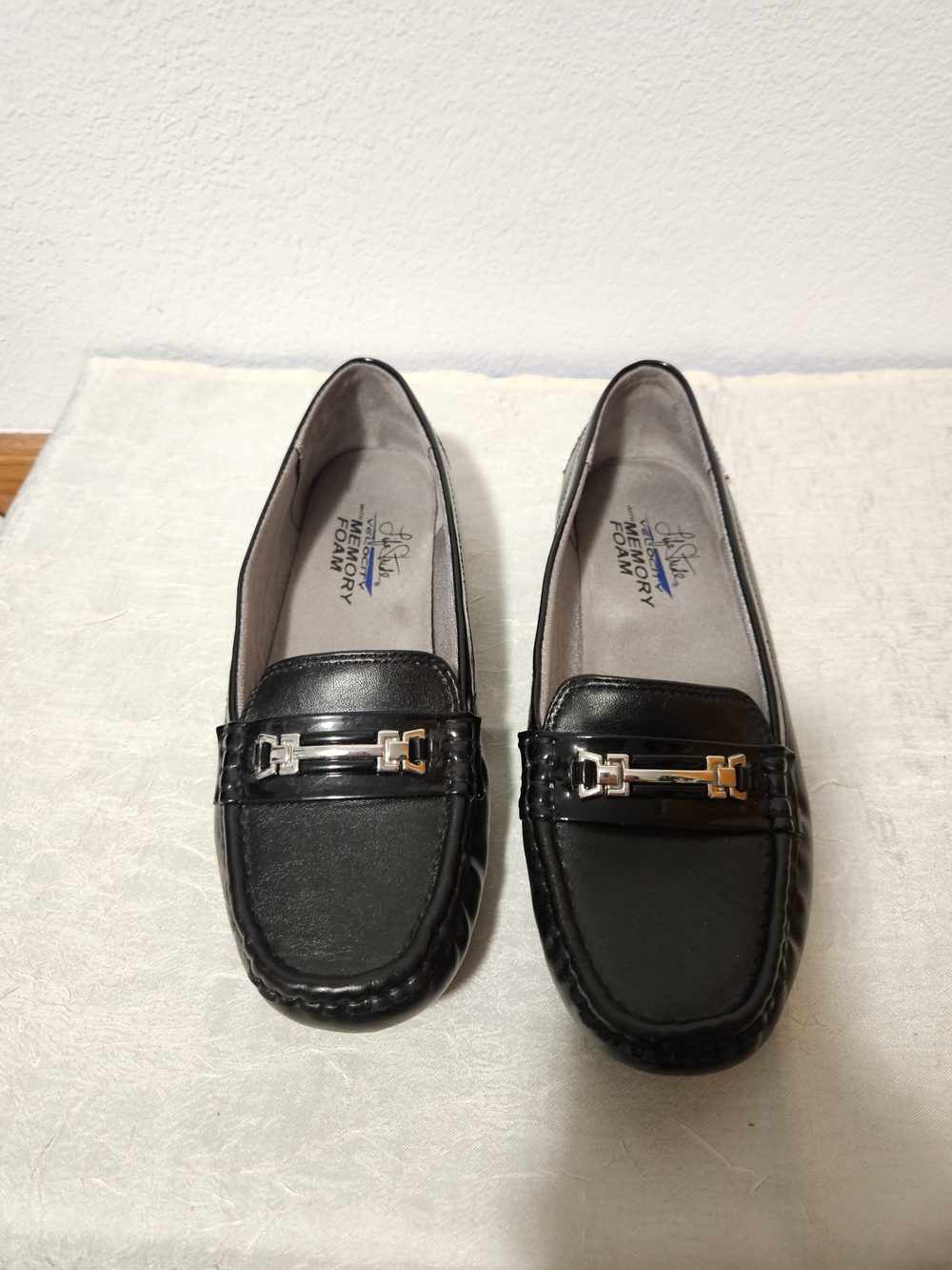 Life Stride Black Leather Slip-On Loafers with Gold Tone Bit